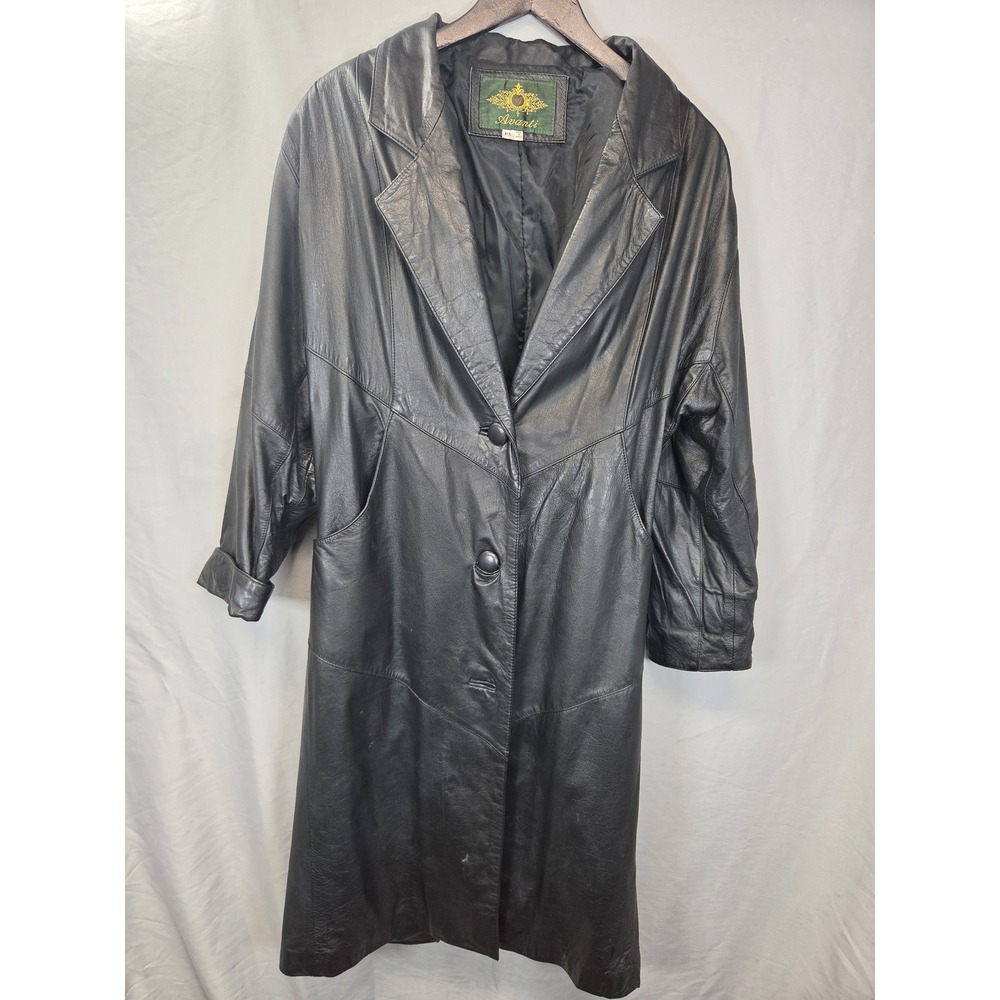 Avanti Leather Trench Coat Women's PS Black Longline Vintage 90s Jacket FLAW